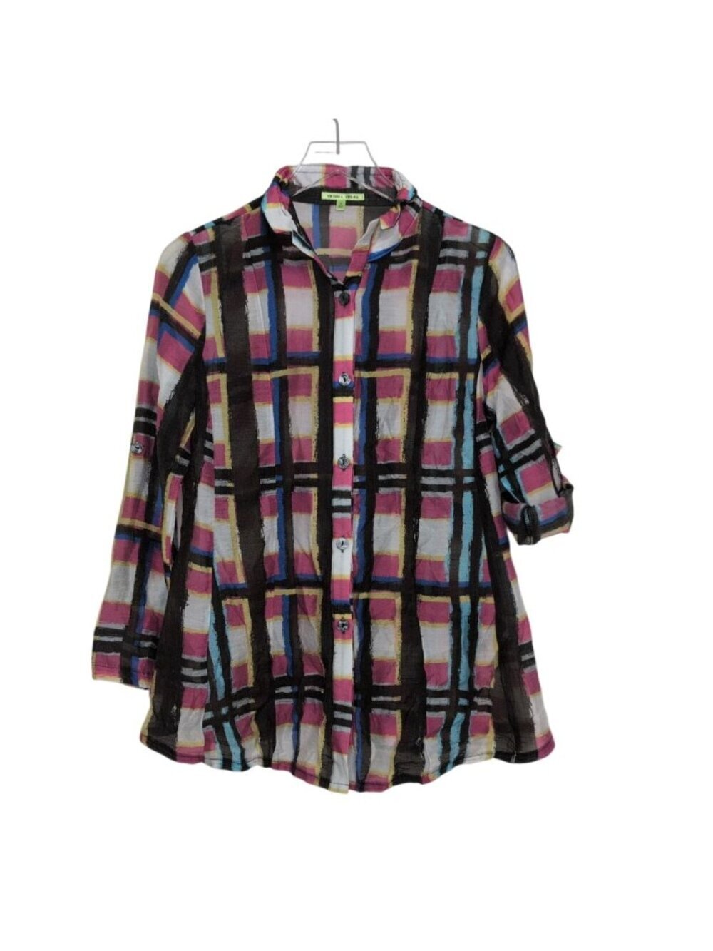 Trisha Tyler Block Plaid Jacket Womens Size Small Pink Black Wire Collar A Line